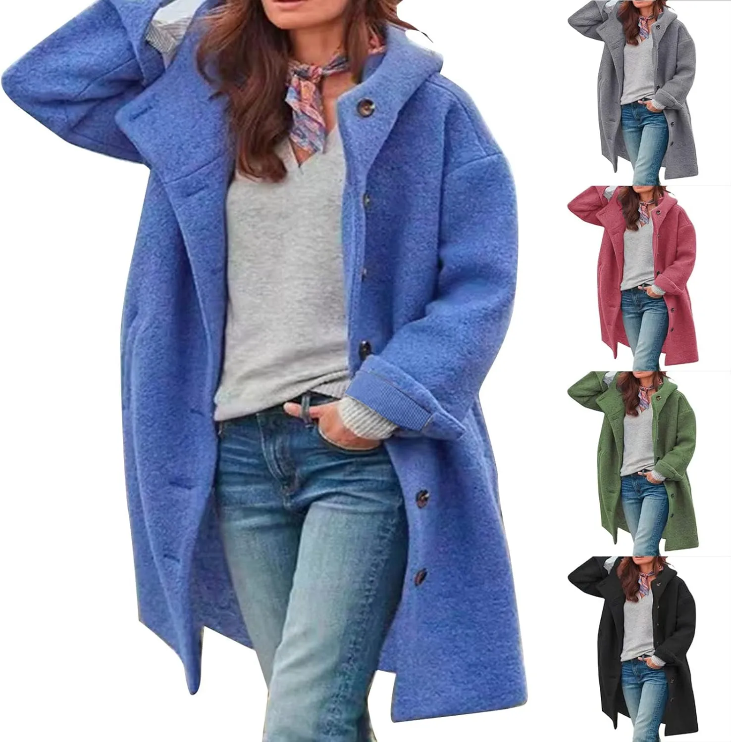 Womens Wool Blend Pea Coat Winter Warm Single Breasted Hooded Trench Coat Casual Office Work Dressy Outwear Jacket