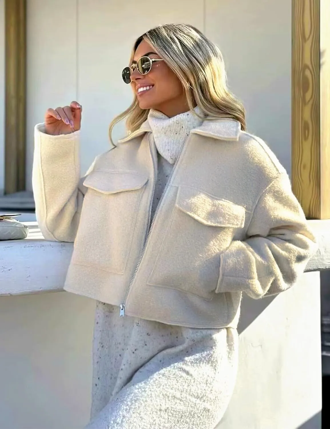 Wyeysyt Wool Coats for Women Lapel Zip Up Copped Bomber Jacket Outerwear with Pockets 2025